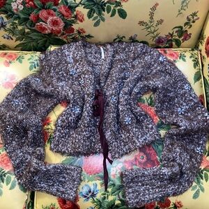 Free People Embellished 3D Floral Cardigan – Boho Ribbon Tie Crop – Size Small